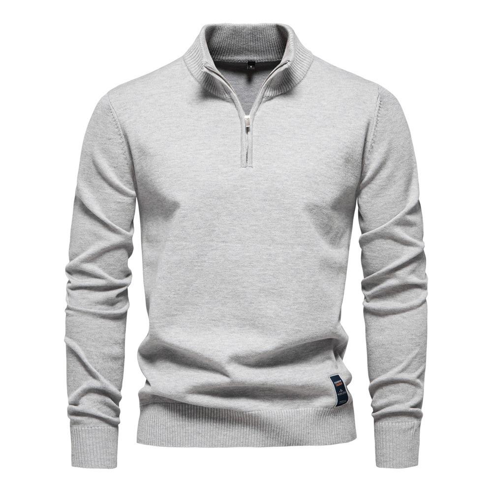 2026 Solid Color Pure Cotton Pullover with Male Standing Collar, Sliding Zipper, Form-fitting Men's Knitted Shirt Top