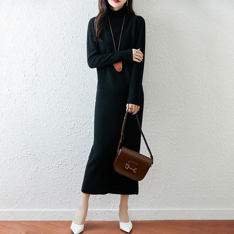 Women Sweater Dress 100% Wool TIDENOVEL Turtleneck Knit Long Pullover Winter Jumpers Wool Long Dress Female