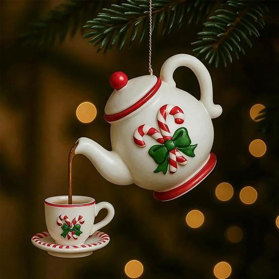 Yousheng Christmas Teapot Ornament Holly Vintage Tea Cups And Pot Set Xmas Tree Hanging Ornaments 2D Acrylic Teapot Decor with Pouring Tea Effect