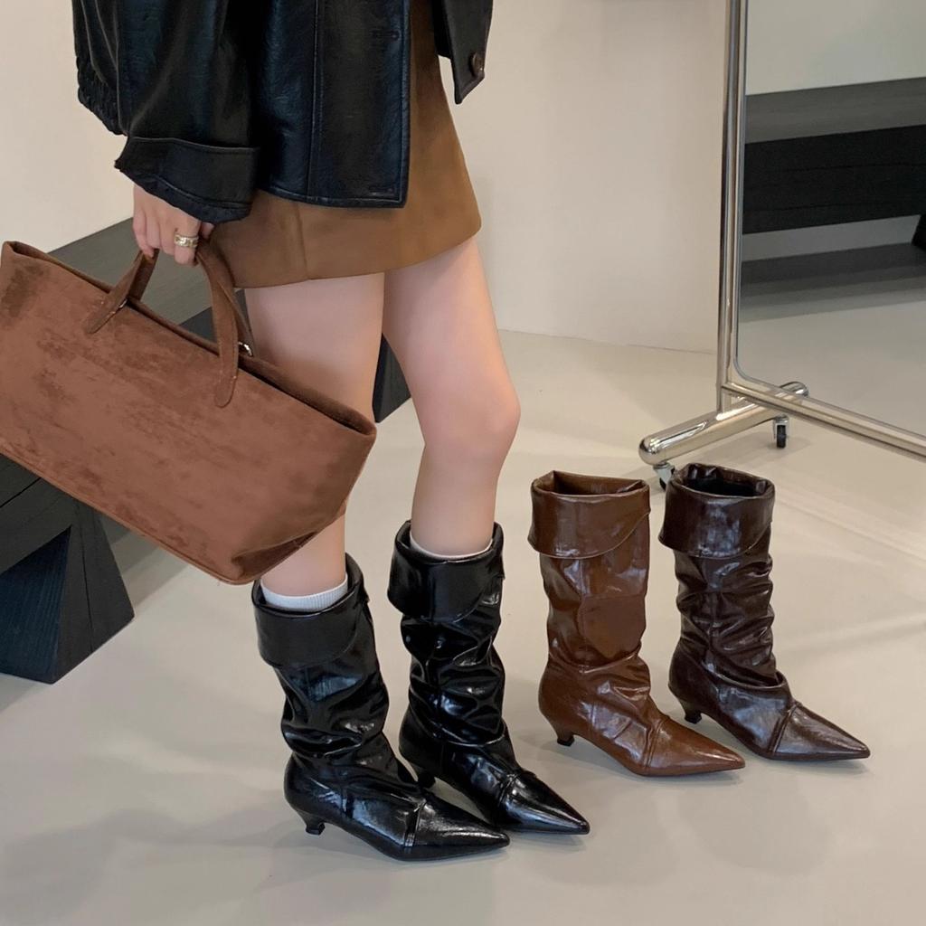 European and American Spice Girls Style Patent Leather Pointed Pleated Pile Boots Women's 2025 Autumn and Winter New Trendy Two Wear Low Heel High B