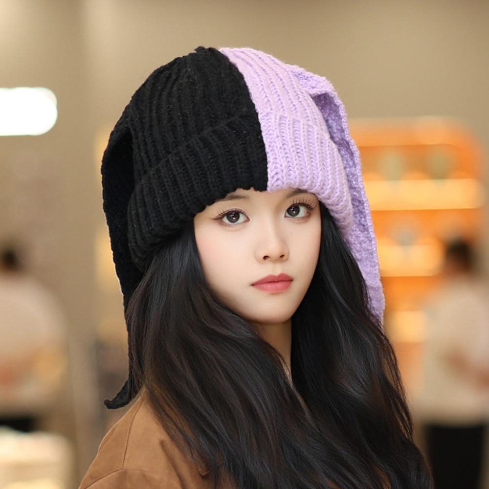

Cartoon Knitted Woolen Cap Windproof Contrast Color Winter Beanies Cap Thickened Keep Warm Rabbit Ear Hat Outdoor Cycling фіолетовий