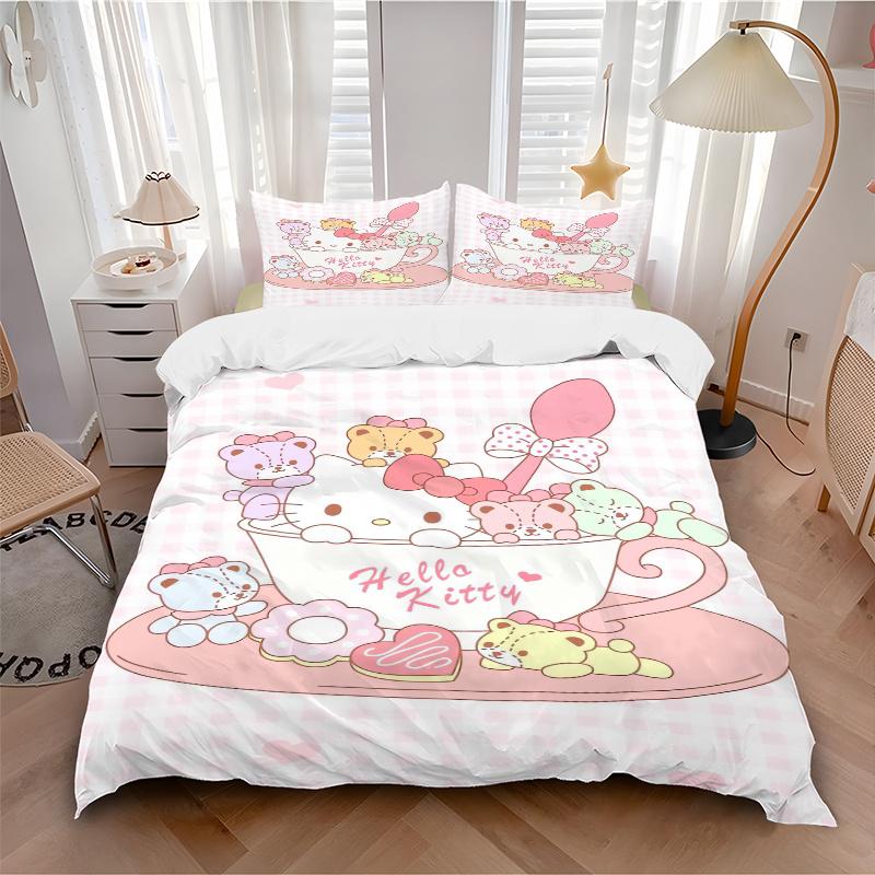3pcs Sanrio Hello Kitty & Colorful Bear Bedding Set 1 Soft Quilt Cover + 2 Pillowcases, Machine Washable Suitable for All Seasons, Perfect Gift W096
