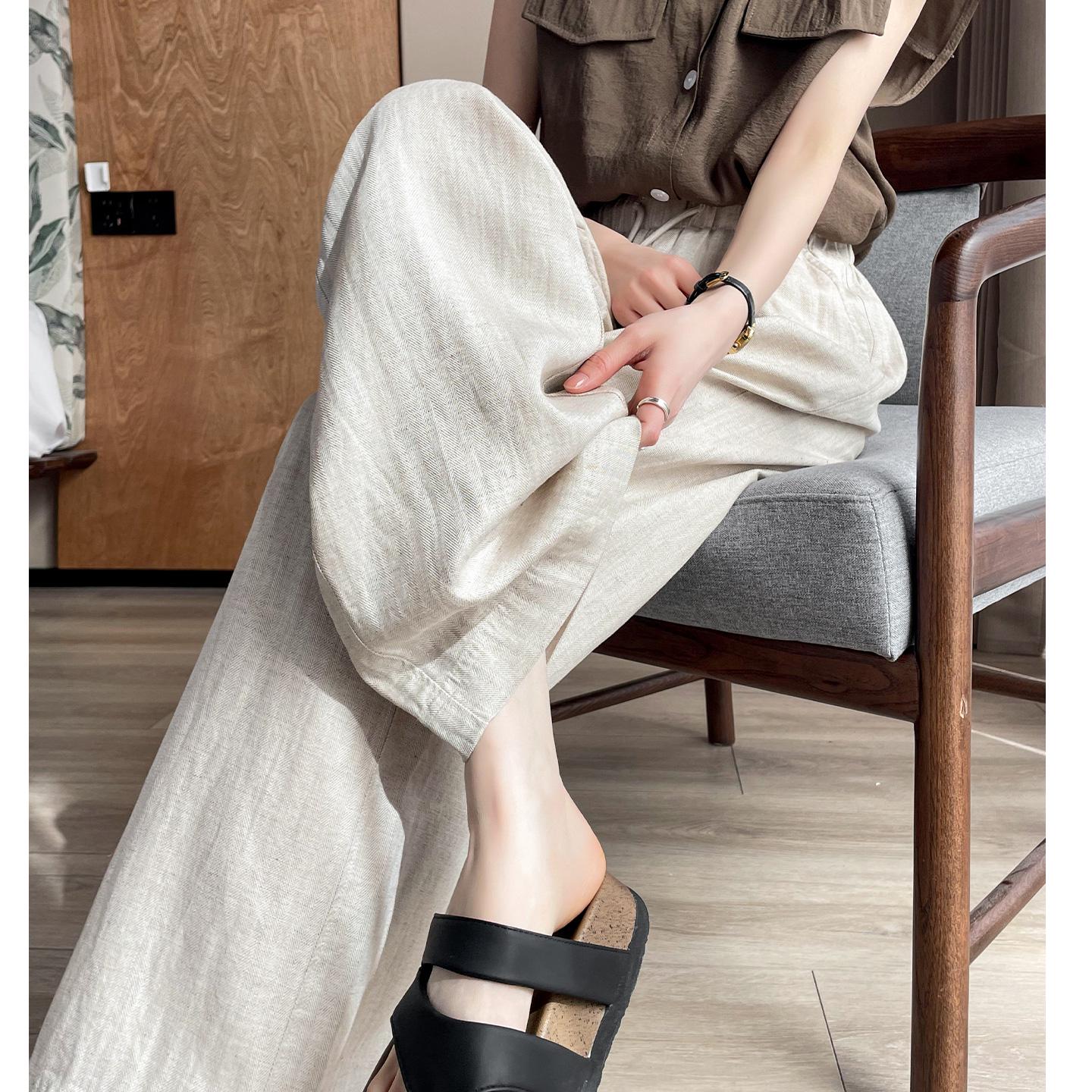 Summer 2026 Women s Yellow Wide-Leg Pants: Ice Silk Lyocell Linen Blend Medium