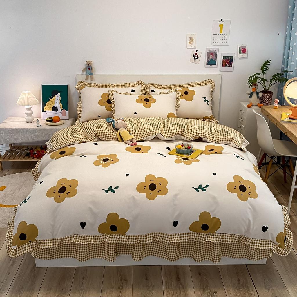 Korean Style Bed Skirt Four-piece Set Pure Cotton Edge Bed Sheet Thickened Plant Cashmere Brushed Skin-friendly Bedding