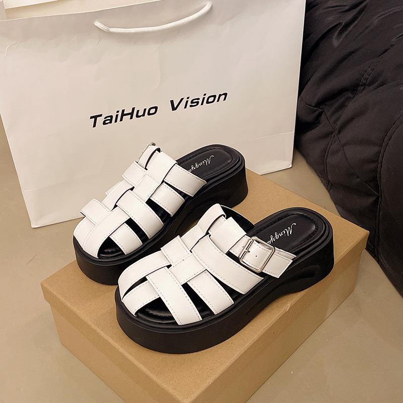 

Плетеные полушлепанцы с толстой подошвой и закрытым носком, женские, лето 2025, новые, удобные и легкие, повседневные шлепанцы с одним ремешком. 35 бежевый