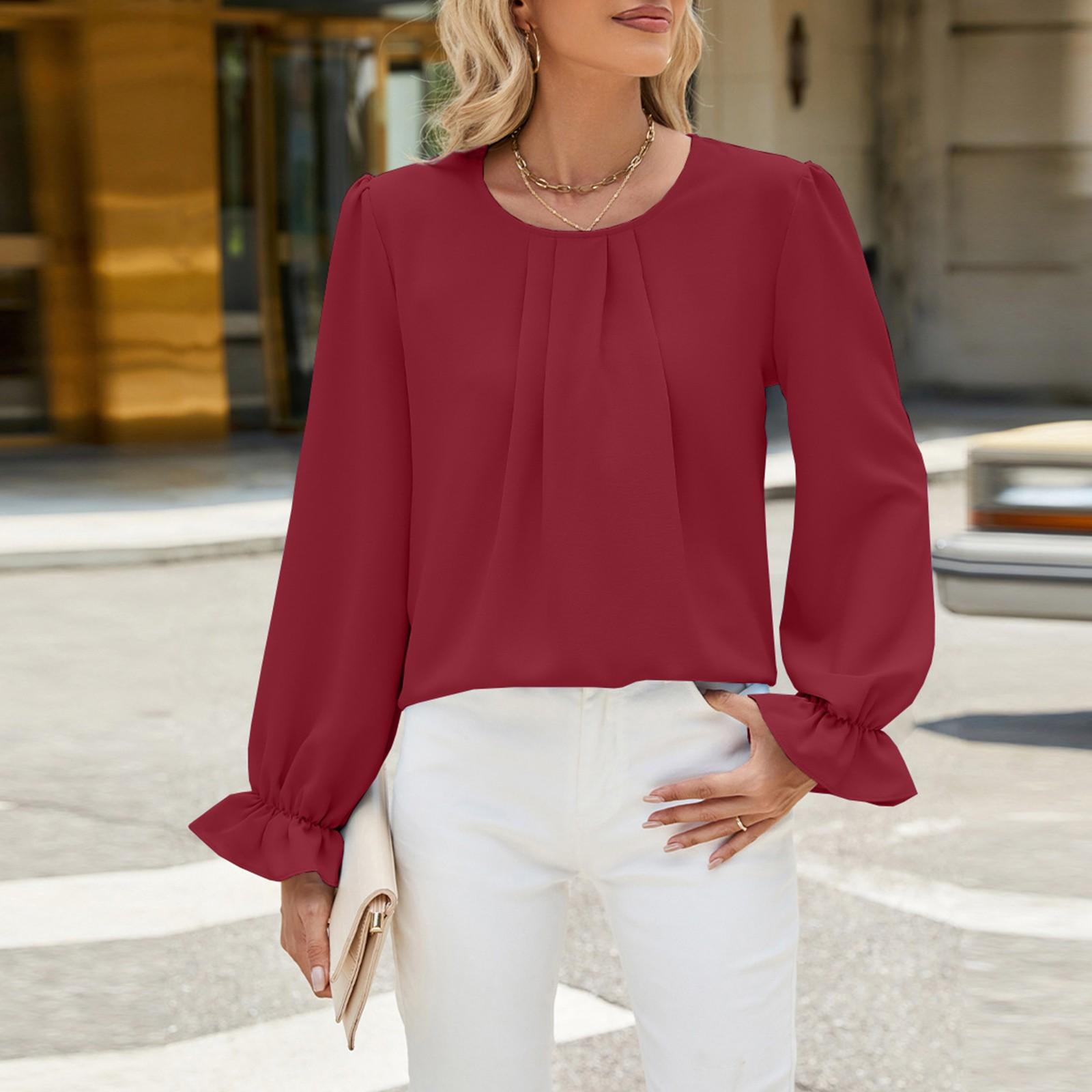 

Женский однотонный свободный шифоновый топ с круглым вырезом и длинными рукавами XL винный