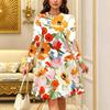 Women Long Sleeve Round Neck Midi Dress Vintage Small Daisy Floral Print Flared Casual Dress