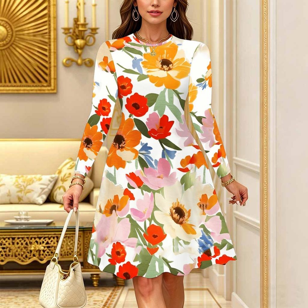 Women Long Sleeve Round Neck Midi Dress Vintage Small Daisy Floral Print Flared Casual Dress