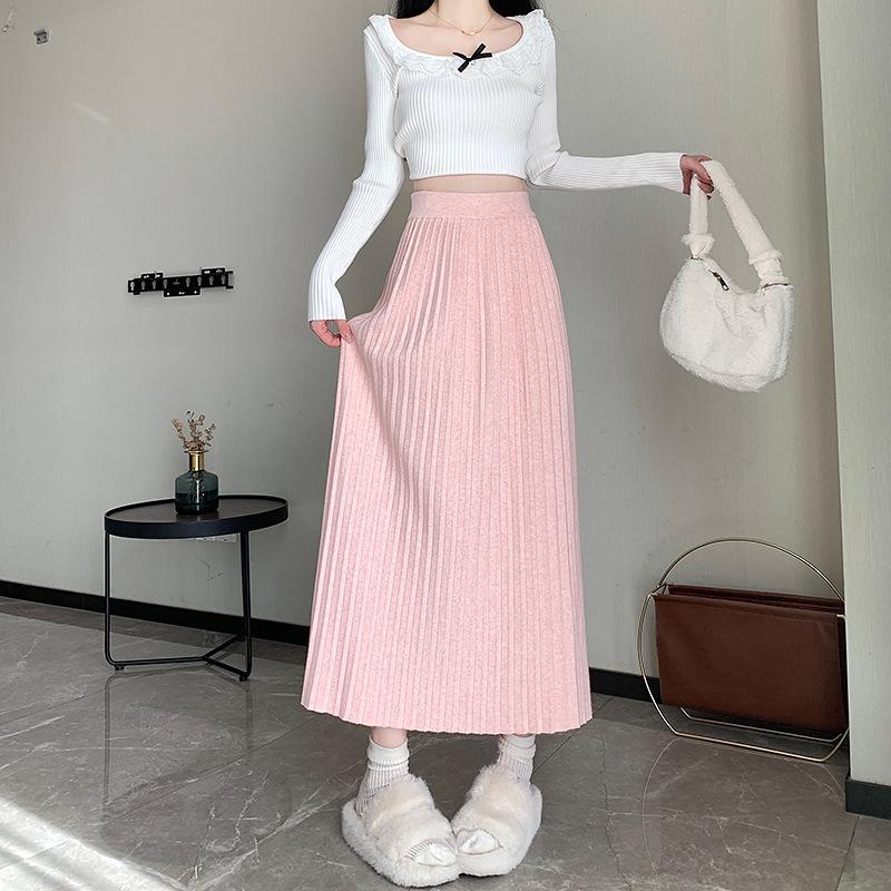 Knitted Pleated Skirt for Women Mid Length High Waisted and Slimming A-line Skirt