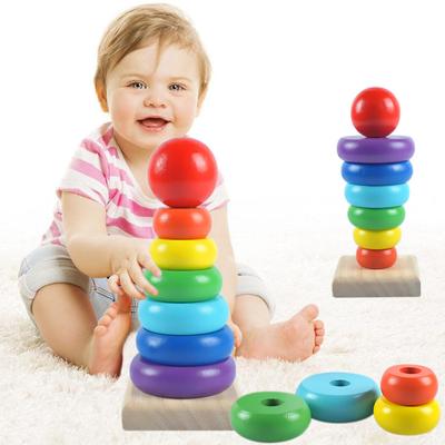 Duhová stohovací kroužková věž dřevěné puzzle hračky pyramidové hnízdní bloky geometrické hry dětské hračky pro rané vzdělávání