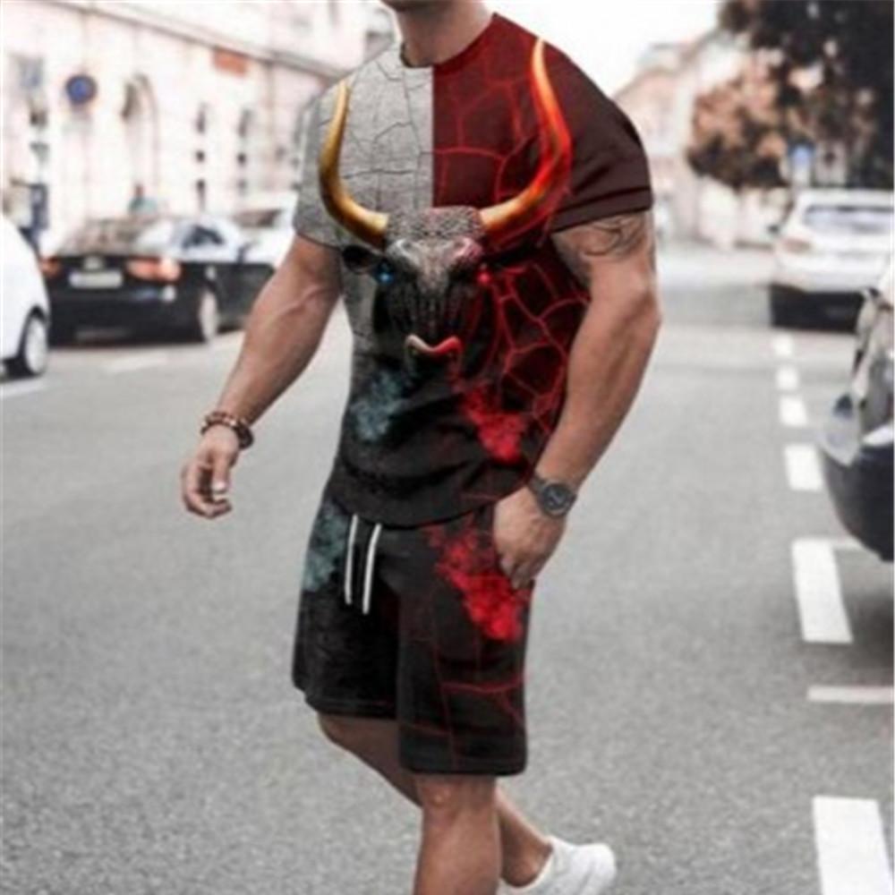 

Европейская и американская мужская летняя футболка с 3D-принтом и игральными картами, шорты с короткими рукавами, свободный повседневный комплект одинакового цвета