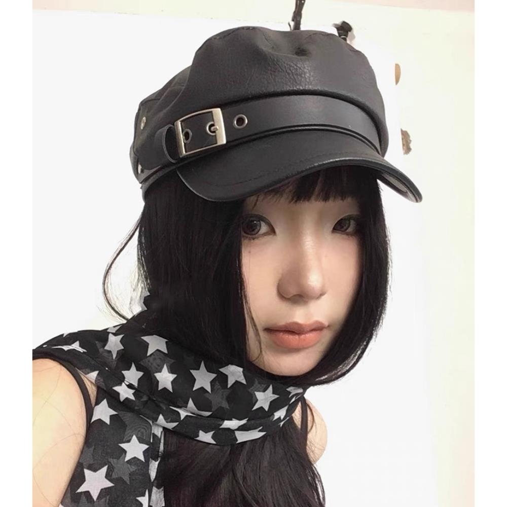 Hot Women'S Trendy Beret Harajuku Gothic Lolita Punk Cap Pu Leather Flat Top Versatile Beret Retro Flat Tops Visor Newsboy Cap