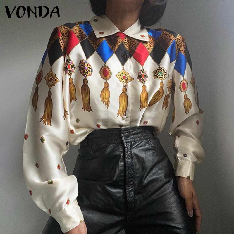 

VONDA, весенняя женская модная винтажная блузка с принтом, пышные повседневные свободные рубашки с длинными рукавами и лацканами на пуговицах, топы больших размеров