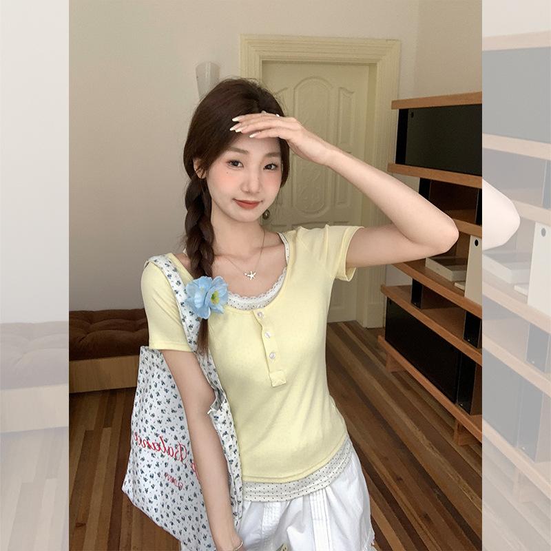 Milk Yellow Fake Two-piece Floral Short-sleeved T-shirt Women's Summer New Sweet Temperament Slim-fitting Top