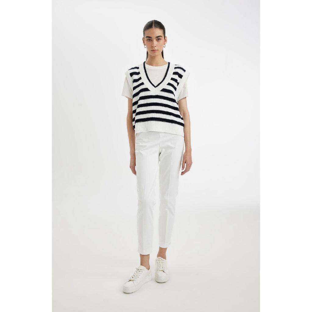 Gestreifter Strickpullover aus Selanik-Stoff mit V-Ausschnitt und normaler Passform C2658ax24au