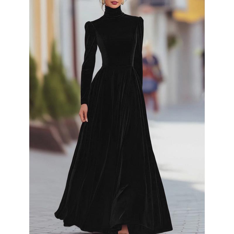 Elegantes Herbst/Winter Damen Gold Samt Hoher Kragen Ballonärmel Taillenbetonendes Langes Kleid