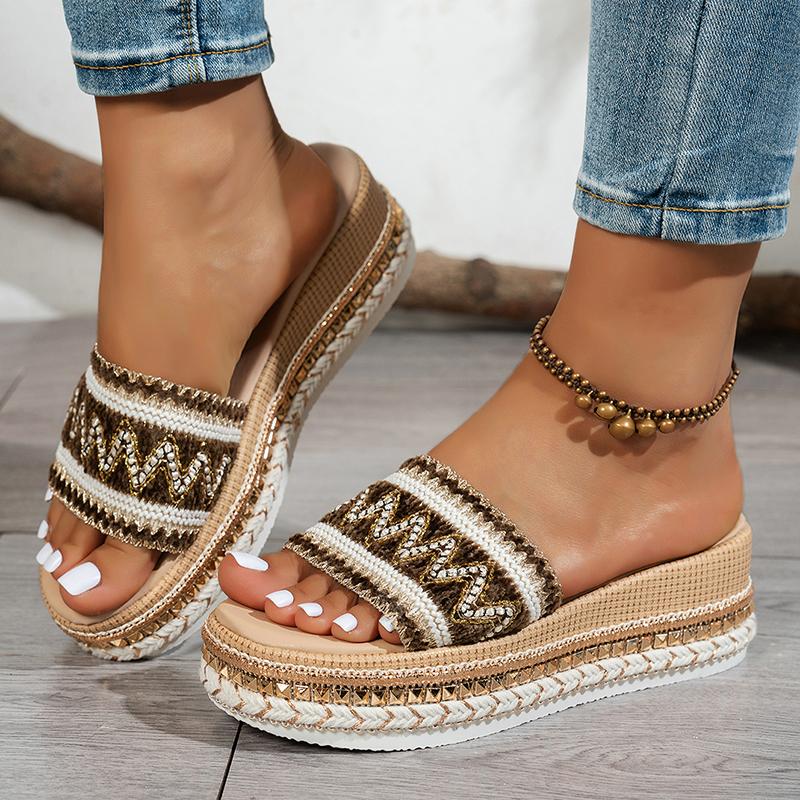 Fashion Ethnic Weave Straps Beach Platform Wedge Slippers Women 2025 Summer Bohemia Medium Heels Slides Luxury Comfort Outdoor Slides