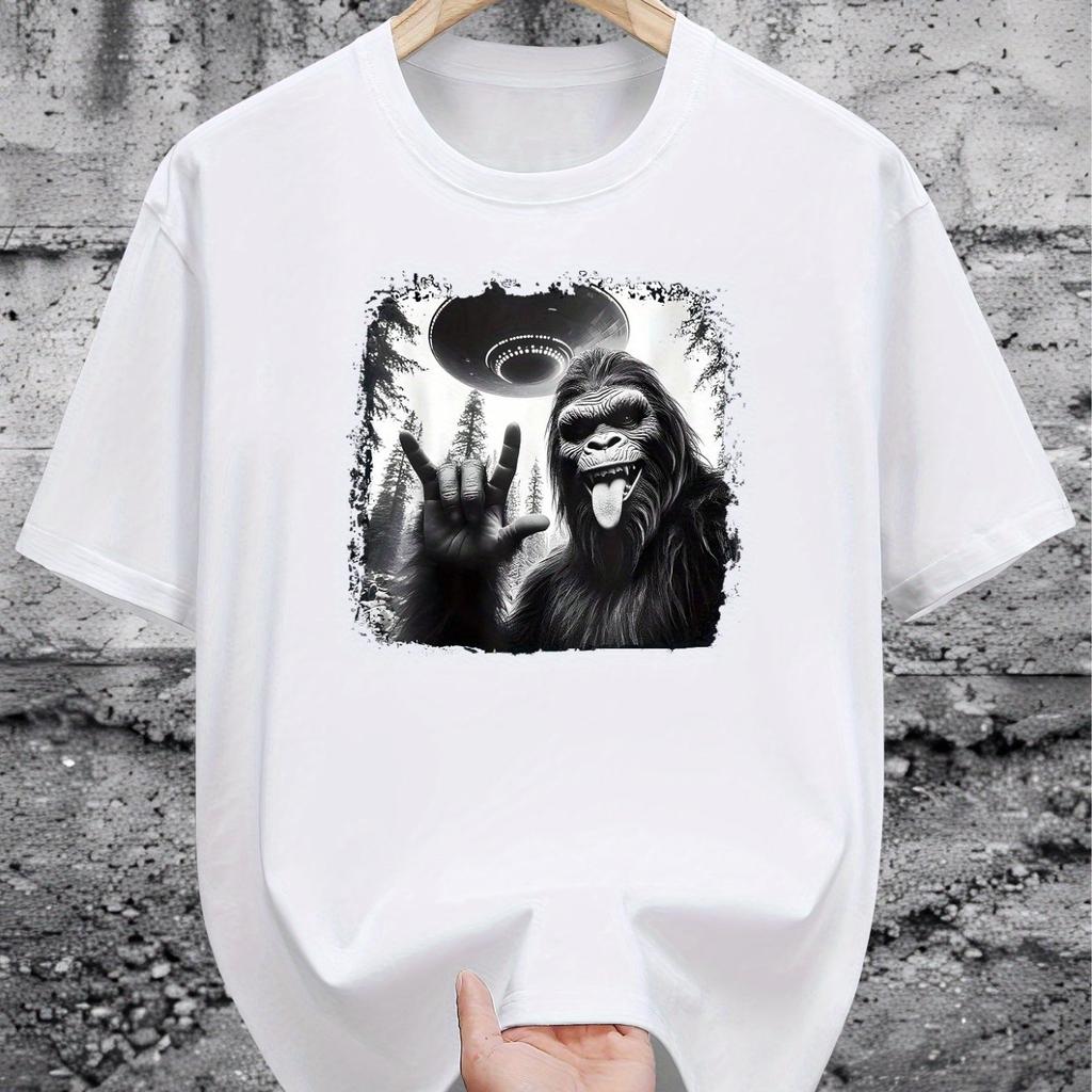 Men's Cotton Graphic Tee - Bigfoot Alien Abduction Design Casual Summer Short Sleeve T-Shirt Co
