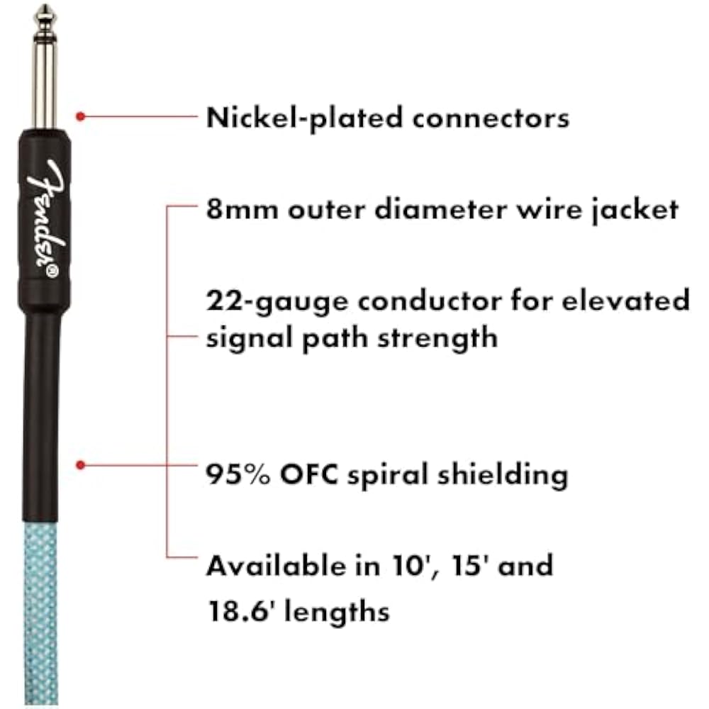 Fender Professional Series Tweed Instrument Cable, Straight/Straight, Daphne Blue, 18ft, 0990815204