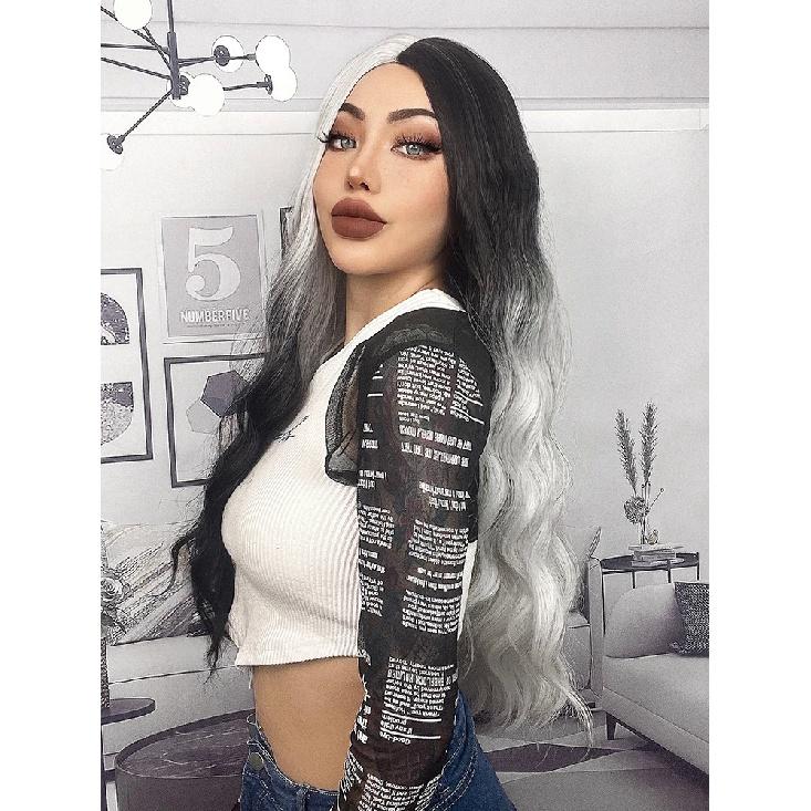 Long Wavy Ombre Black White Synthetic Wigs for Women Heat Resistant Natural Middle Part Cosplay Party Lolita Daily Hair Wigs