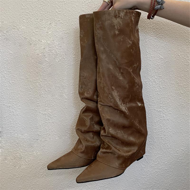 2025 New Autumn Winter Design Pleated Wedges Heels Women Knee High Boots Pointed Toe Long Booties Fashion Ladies Shoes