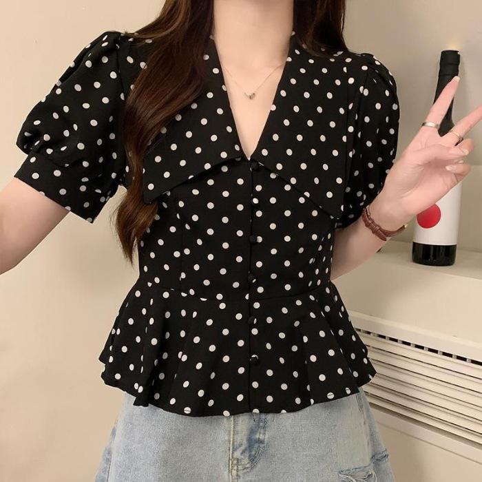 2026 Plus Size Polka Dot Puff Sleeve Top with Doll Collar - Slimming & Versatile Summer Short Sleeve for Curvy Figures