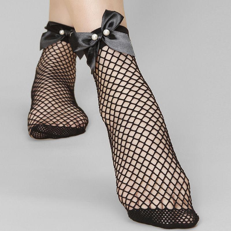 Hollow Out Black Mesh Socks with Bow Pearl Lace Mid Tube Socks Women's Short Stockings