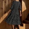 Polka Dot Printed V-Neck Dress Puff Sleeve High Waist Ruffle Tiered French Vintage Midi Dress