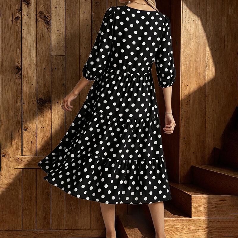 Polka Dot Printed V-Neck Dress Puff Sleeve High Waist Ruffle Tiered French Vintage Midi Dress
