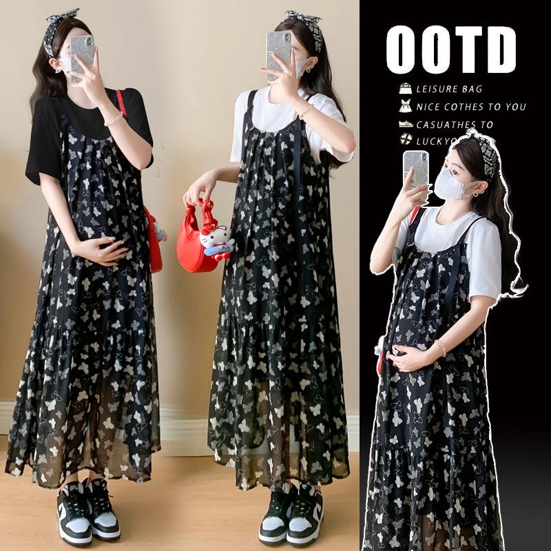 2026 Summer Maternity Set: Short-Sleeve T-Shirt & Sweet Butterfly Chiffon Camisole Dress XL