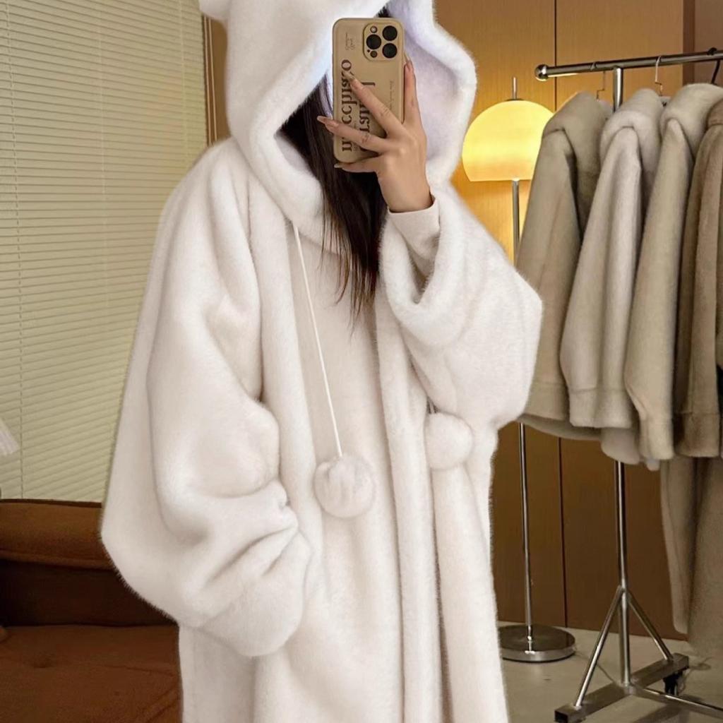 Warm Hooded Thickened Long Plush Fur Coat Women's Winter Faux Fur Coat Long Sleeves Casual Furry Coat