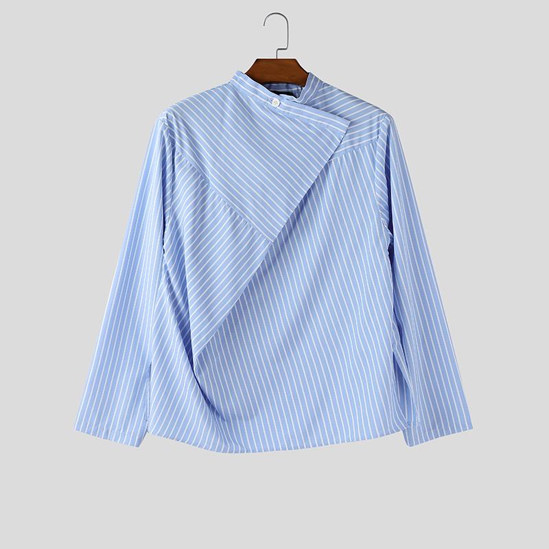 INCERUN Men Wrap Neck Long Sleeve Button Up Striped Print Casual Shirts