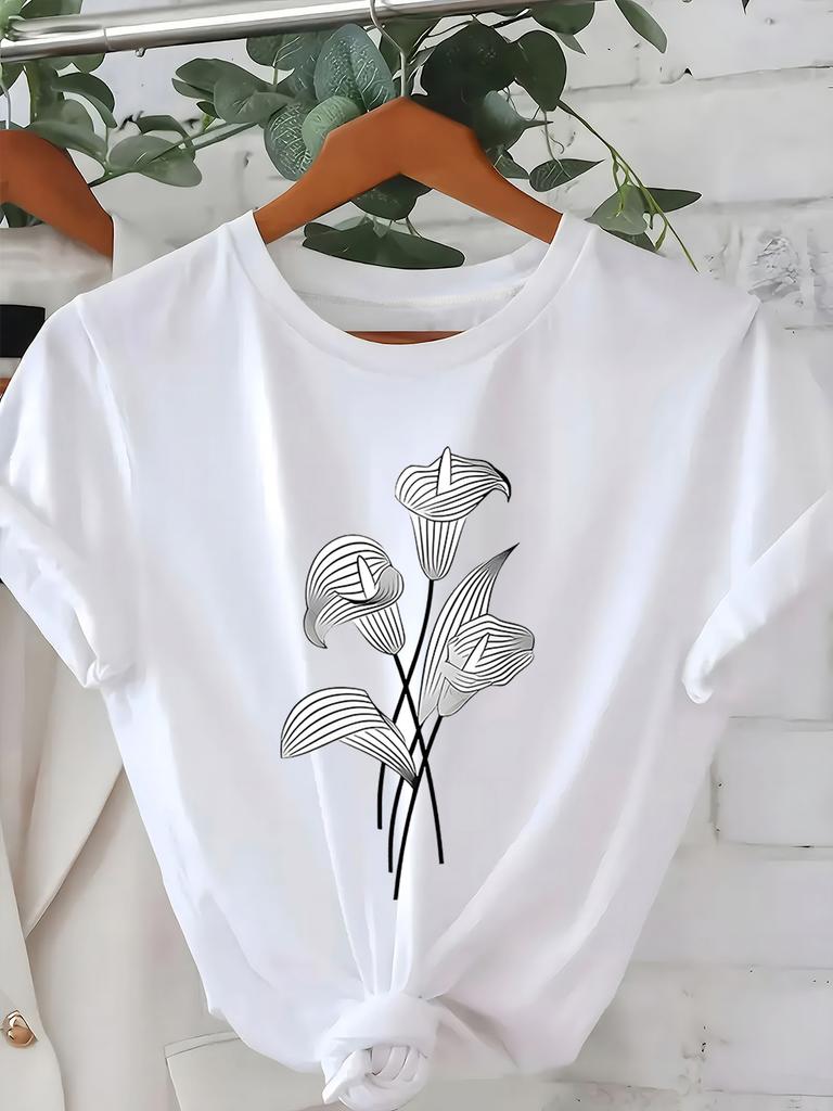 casual short sleeved T-shirt with artistic floral print in white and black minimalist design daily elegant style Fashionable