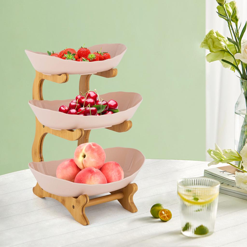 3 Tier Plastic Fruit Bowl W|Bamboo Countertop Stand,Plastic Countertop Bowl Tray for Vegetables, Snacks and Desserts (Off-White)