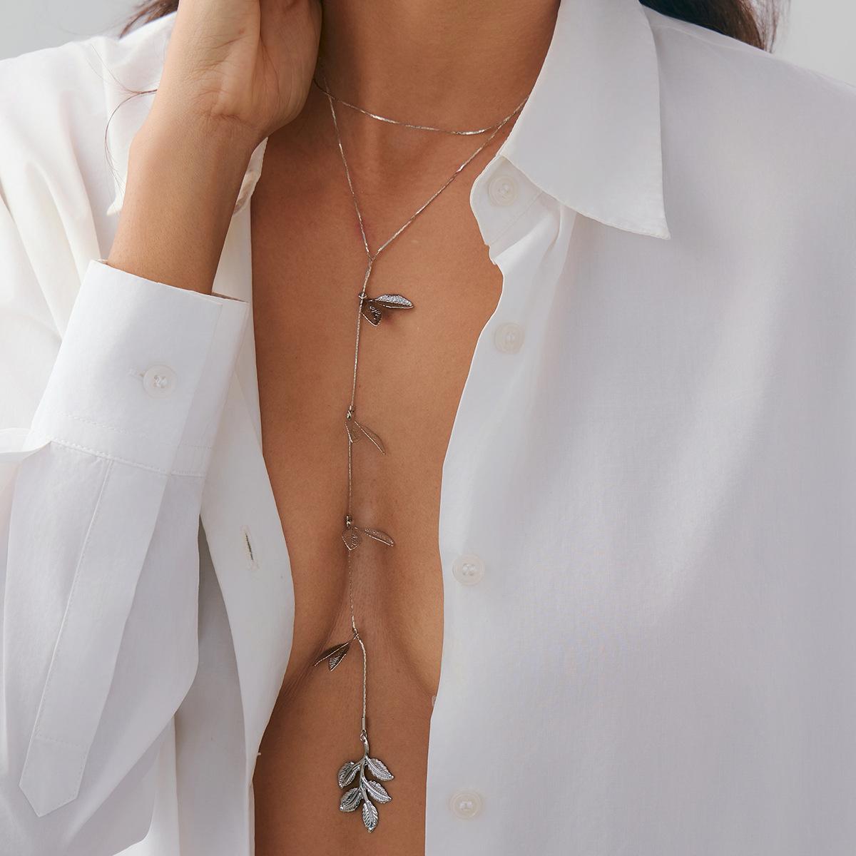 

Boho Colourful Beaded Stone Y-shape Necklace for Women Girls Pendant Choker Simple Metal Leaf Long Tassels Sweater Chain Zircon