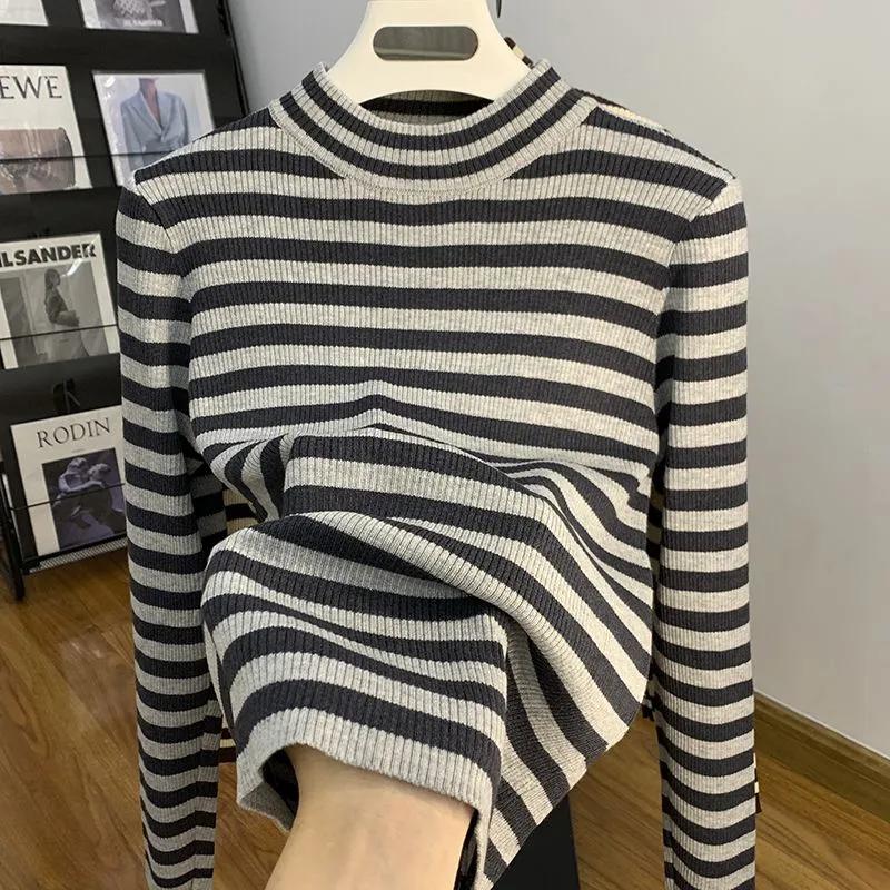 Sweater for Women Winter Thickened Pullover Stripes Warm Knitted Stretchy Long Sleeve Oversize Jumper Sweater Tops