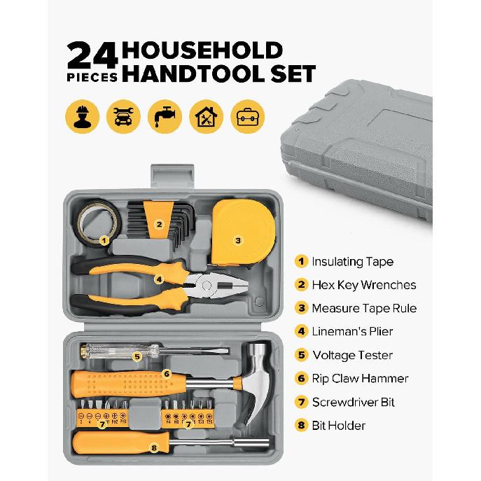 24pcs Home DIY Tool Kit for Household, Office & Garage - General Repair Small Hand Tool Set with Storage Case