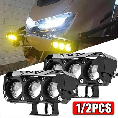 3 Lens Motosiklet Sis Farları 18W Modifiye LED Far Çalışma Spot Işığı İki Renkli Yüksek ve Düşük Işın Su Geçirmez Elektrikli Motosiklet Parke Far