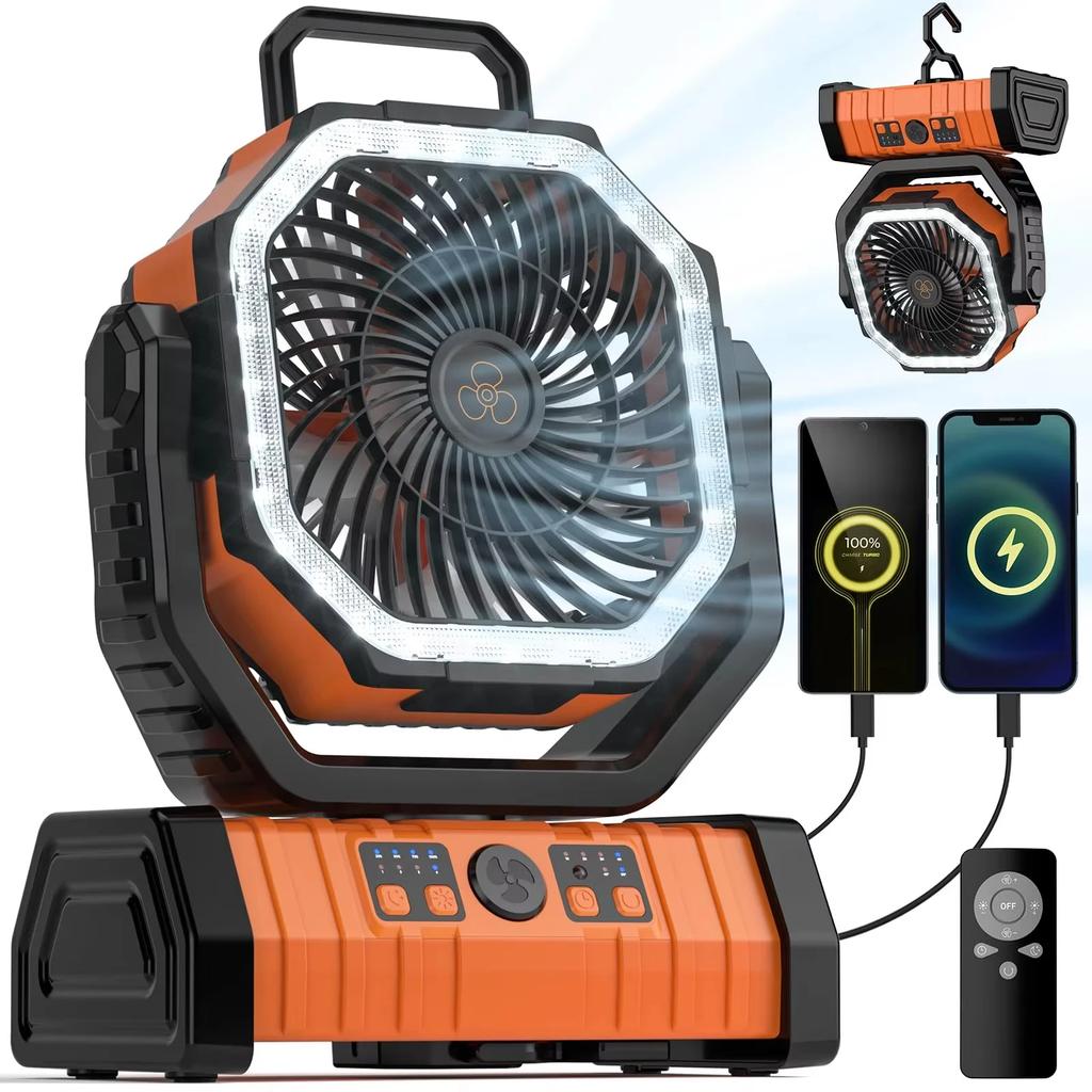 20000mAh Battery Operated Fan Portable Rechargeable Desk/Camping Fan with LED Light and Hook Outdoor Fan for Tent Car Trip