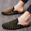 Fashion New Designer Men's Rivet Rhinestone Patent Leather Half Shoes For Men Hip-hop Rock Mules Sandals Casual Loafers Slippers