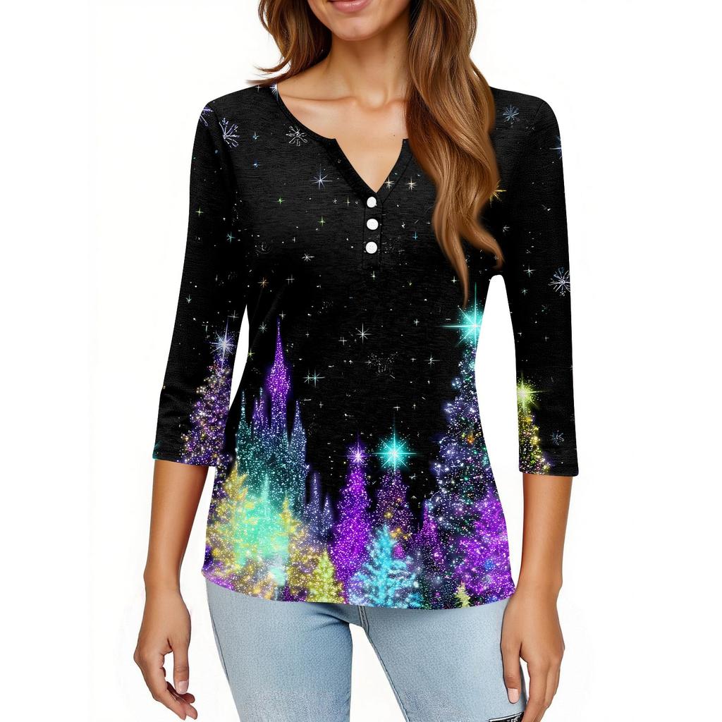 Women's T Shirt Christmas Print Button 3/4 Sleeve Daily Weekend Fashion Basic V- Neck Regular Top