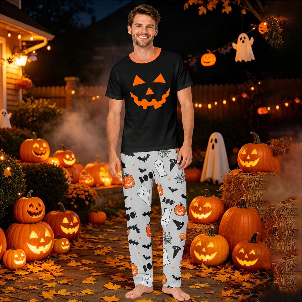 Family Matching Halloween Pajama Set Short Sleeve Top and Pants for Mom and Kids