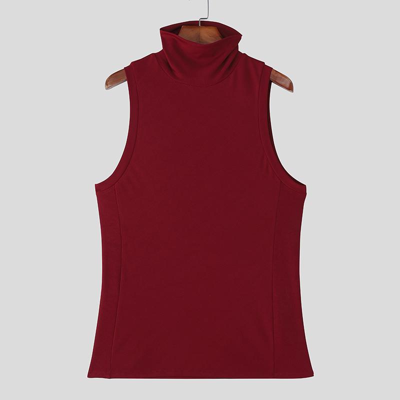 

INCERUN Men High Neck Sleeveless Solid Color Fitted Ribbed Casual Tank Tops Vest 3XL вина червоного кольору