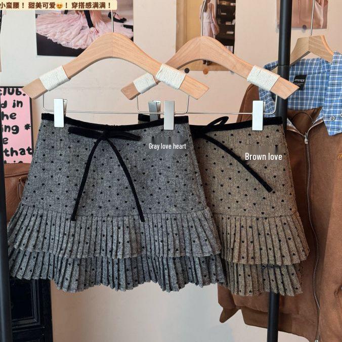 Gray Polka Dot Wool Blend A-Line Short Skirt for Women - Hip-Hugging, High-Waisted, Miu Style, Perfect for Autumn/Winter, Ideal with Boots.