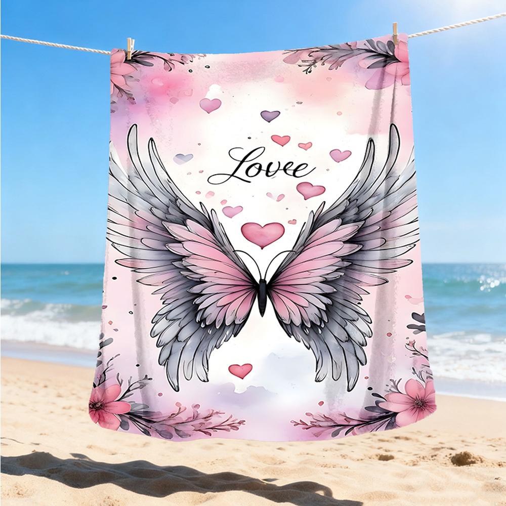 1pc Angel Wings Heart Love Outdoor Flannel Blanket , Machine Washable Perfect Gift for Birthday , Holiday Travel Accessory , Durable Material