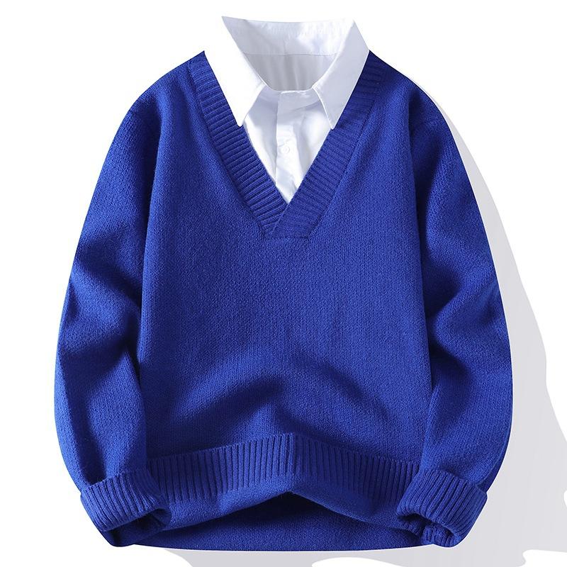 

Осень и Зима Новая Рубашечный Воротник Повседневный Имитация Двойки Свитер Мужской Свободный Мужской и Женский Вязаный Базовый Свитер XXXL королевский синий