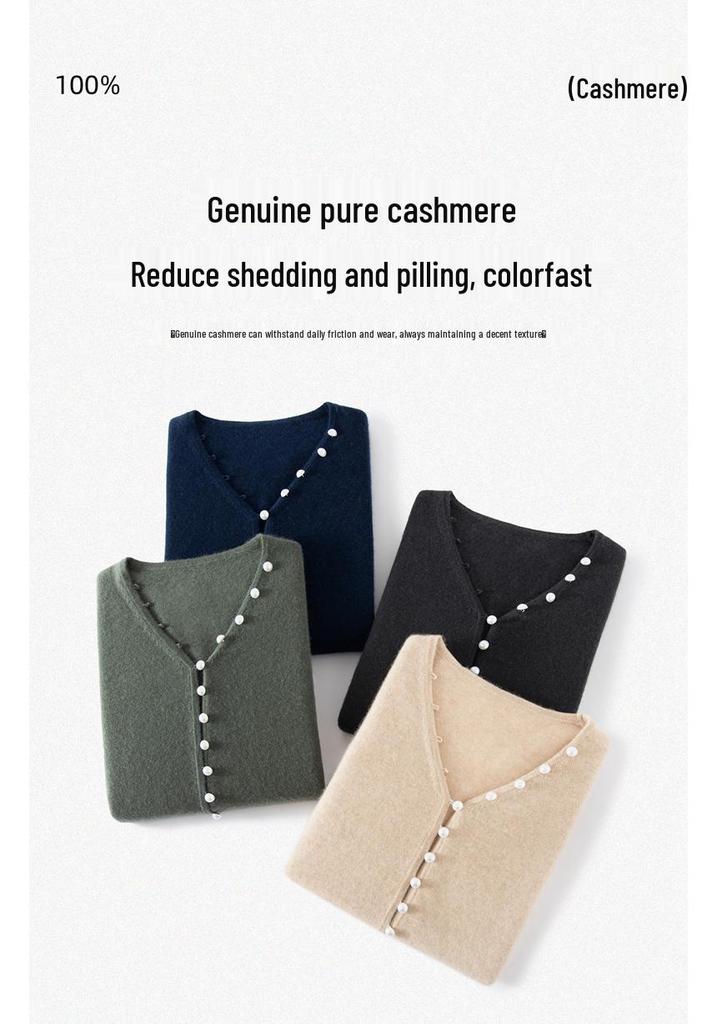 Women's 100% Cashmere Pearl-Embellished V-Neck Cardigan Sweater