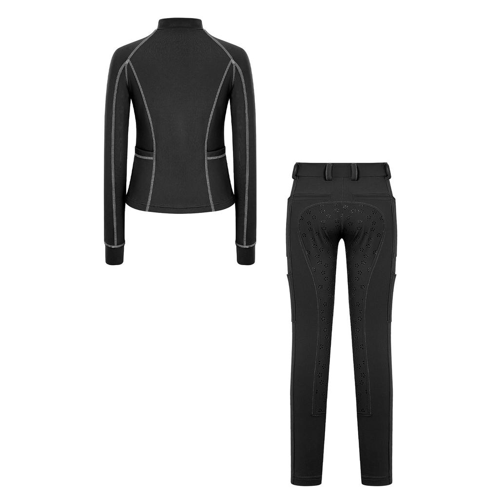 Tenue d'équitation pour filles Ensemble à col montant, manches longues avec trous pour les pouces, pull à fermeture éclair avec pantalon d'équitation à grip intégral antidérapant pour l'entraînement