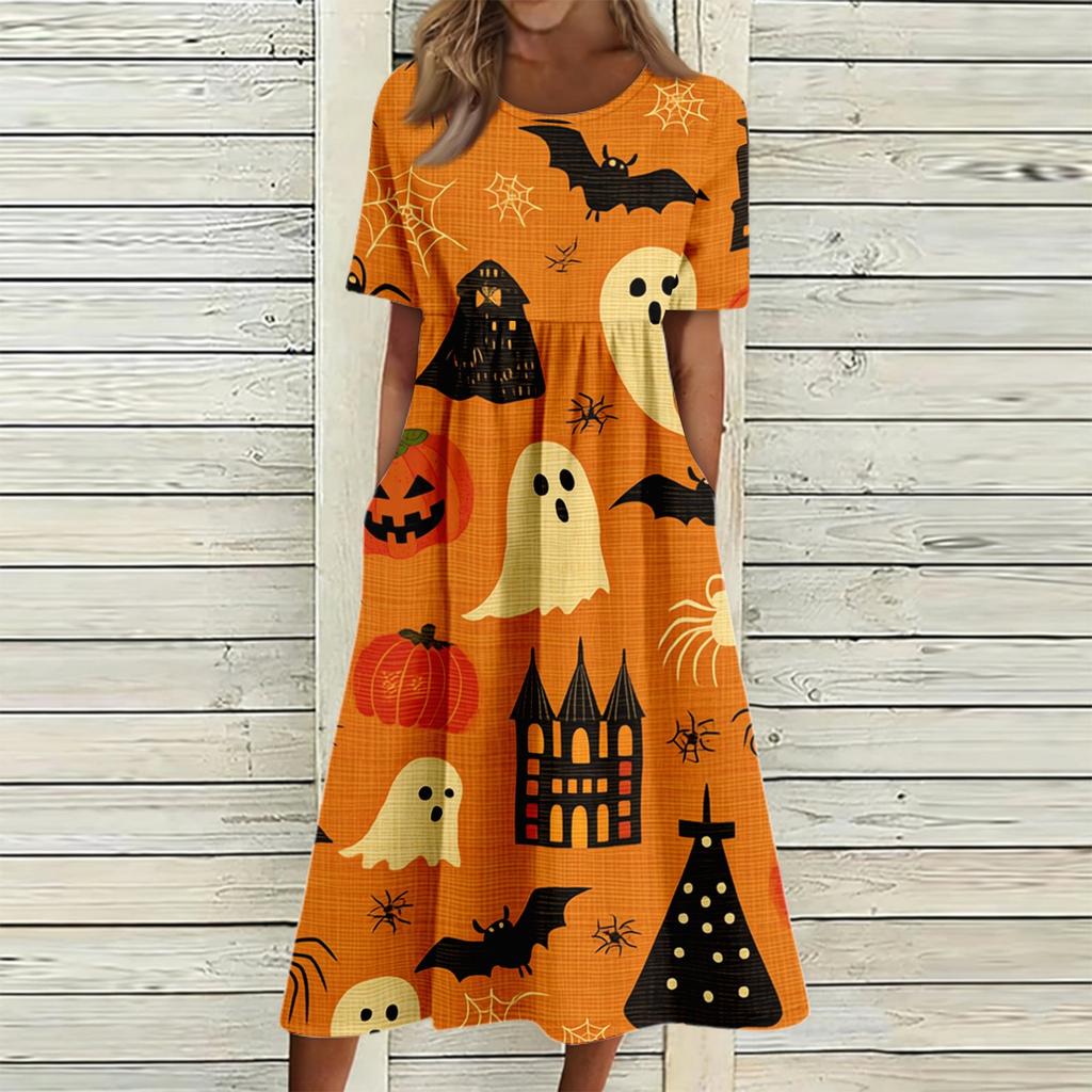Women's Halloween Printed Casual Dress - Round Neck with Pockets, Relaxed Fit for Women