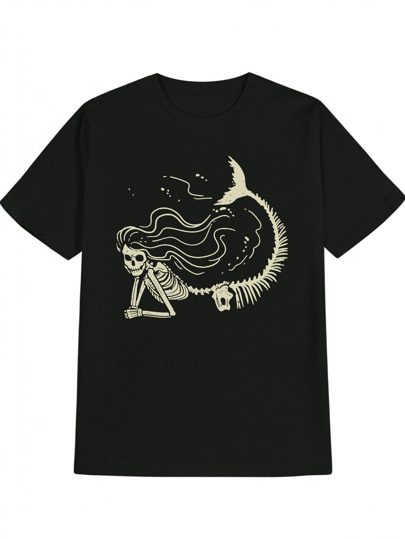 

Casual Graphic T-shirt - Skeleton with Long Hair & Fish Tail Design XL